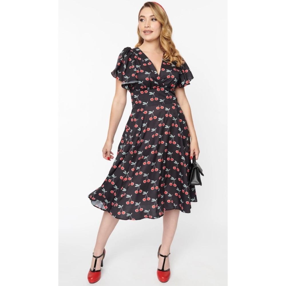 Cherry Print Black Wrap Dress